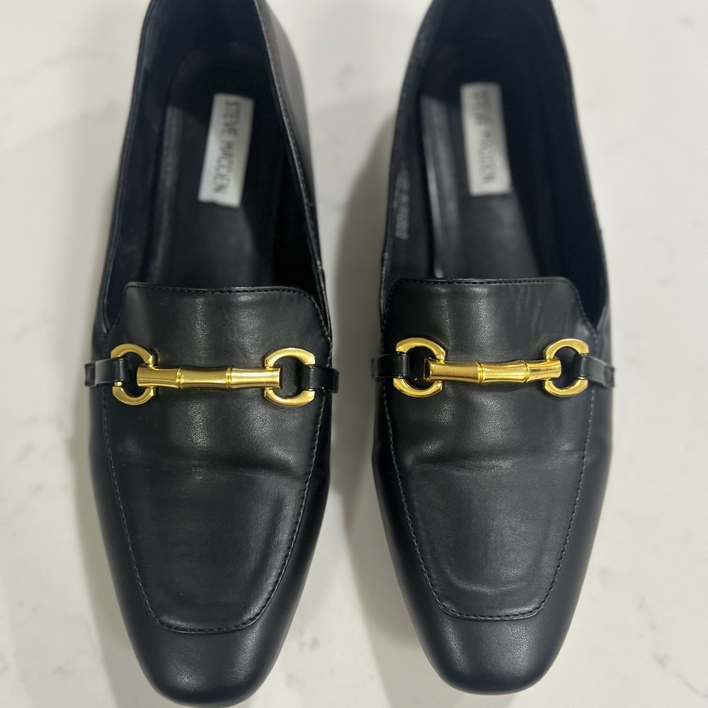 Black Leather Loafers with Gold Detail